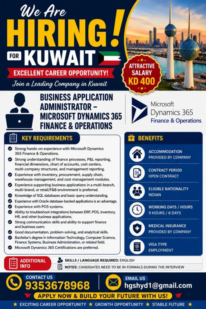 Kuwait Jobs 2026: Business Application Administrator – Microsoft Dynamics 365 Finance & Operations