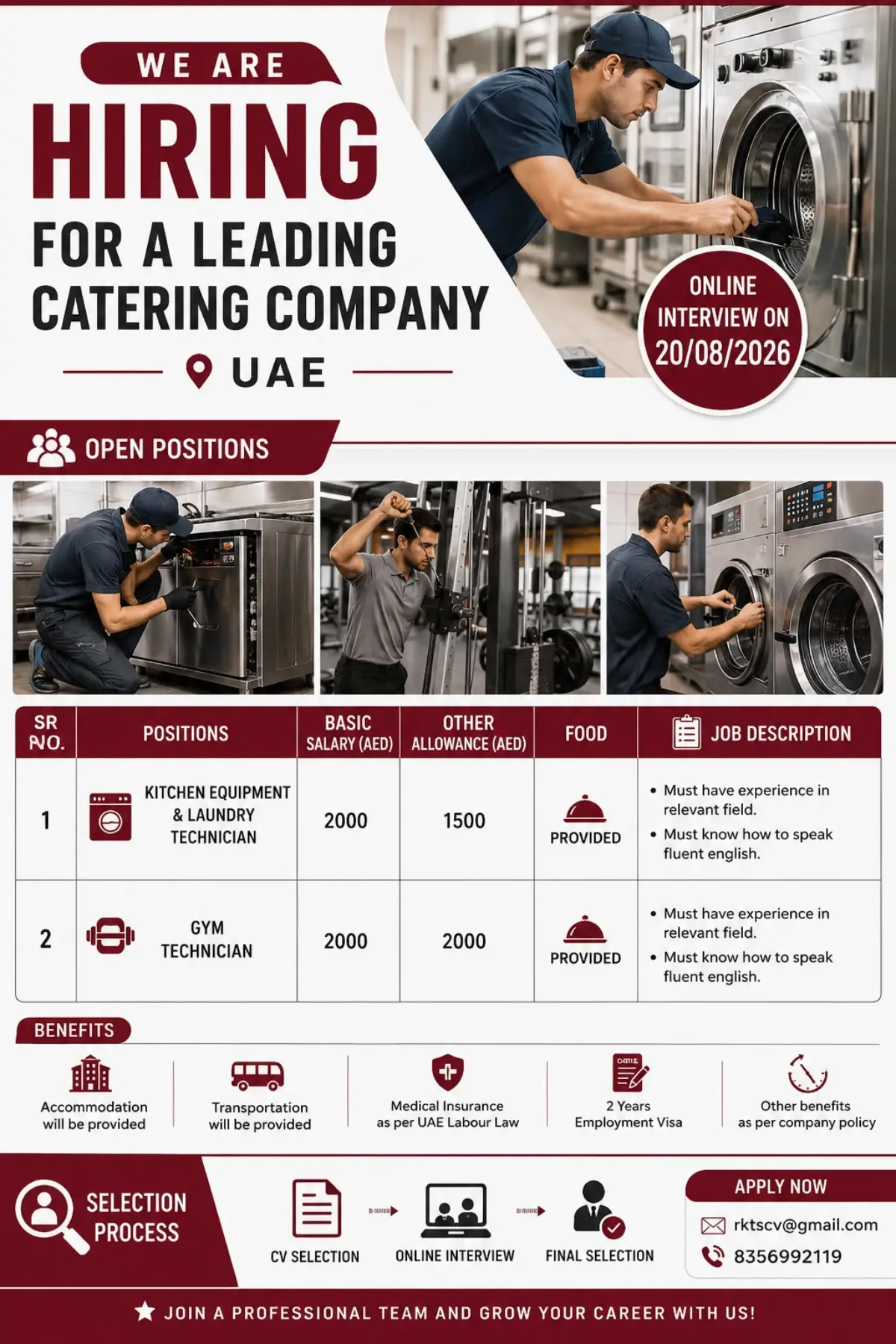 UAE Jobs 2026: Kitchen Equipment & Laundry Technician and Gym Technician Vacancies
