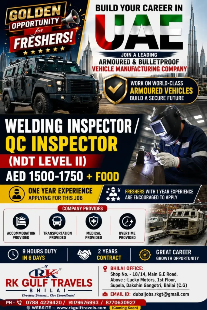 UAE Jobs for Freshers: Welding Inspector / QC Inspector (NDT Level II) – AED 1,500–1,750 + Food