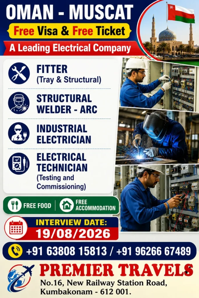 Oman Muscat Jobs 2026: Electrical Company Hiring Fitter, Welder & Electrician – Free Visa & Ticket