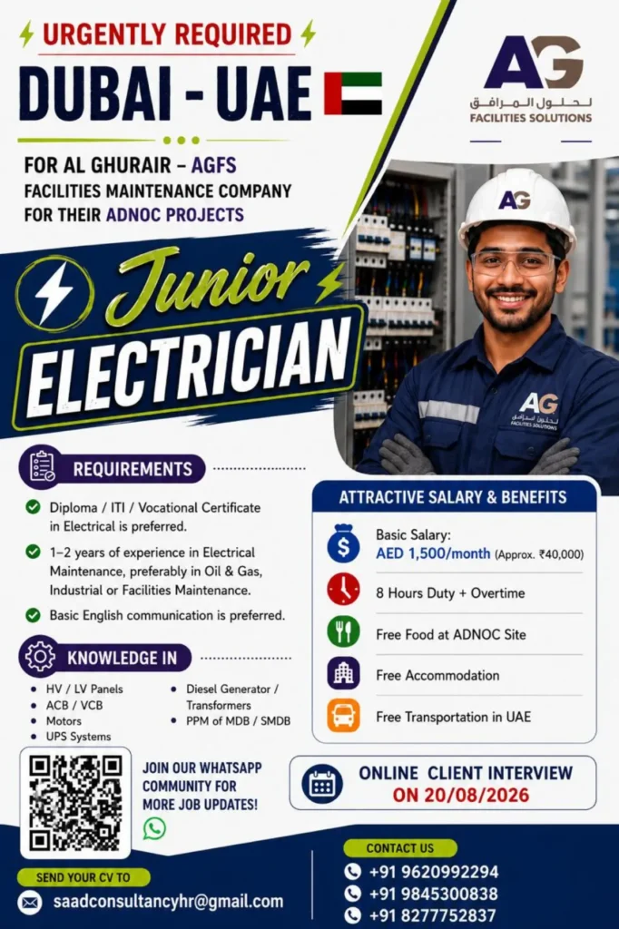 Dubai UAE Junior Electrician Jobs 2026 – Salary AED 1,500, Free Food, Accommodation & Transport