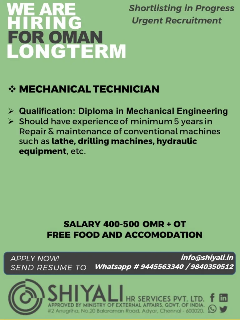 Oman Job Vacancy for Mechanical Technician – Salary 400–500 OMR + OT, Free Food & Accommodation