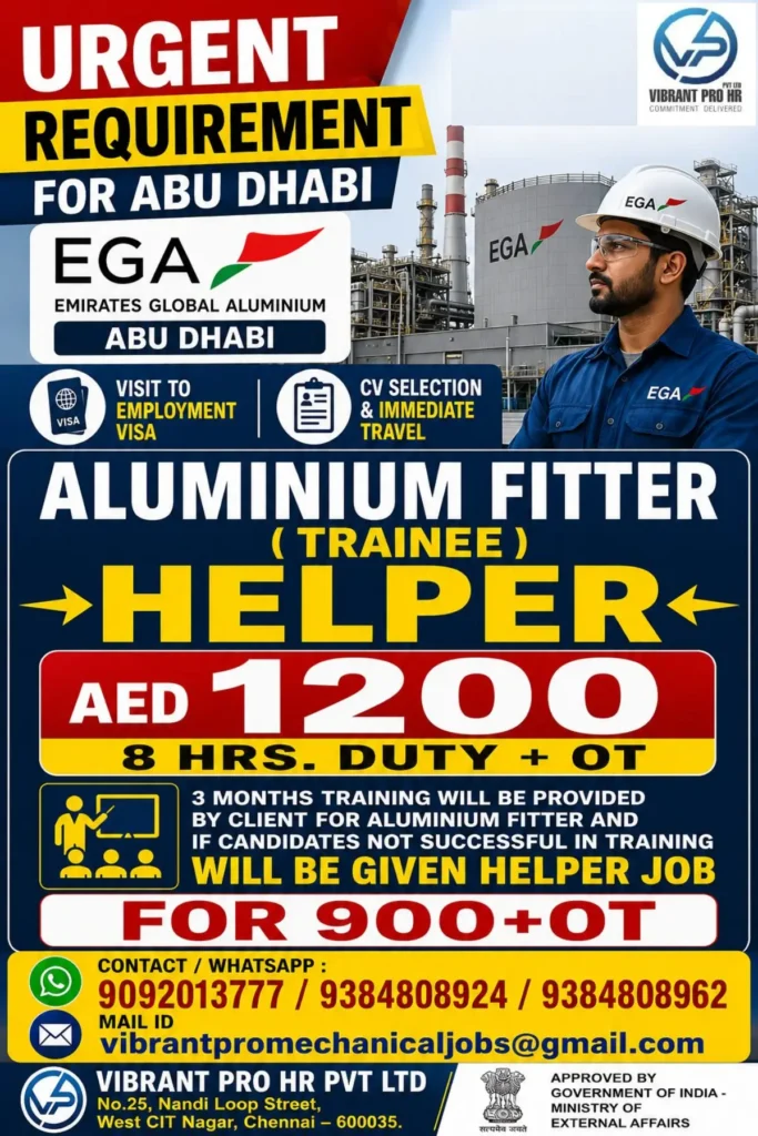 EGA Abu Dhabi Recruitment 2026: Aluminium Fitter Trainee & Helper Jobs