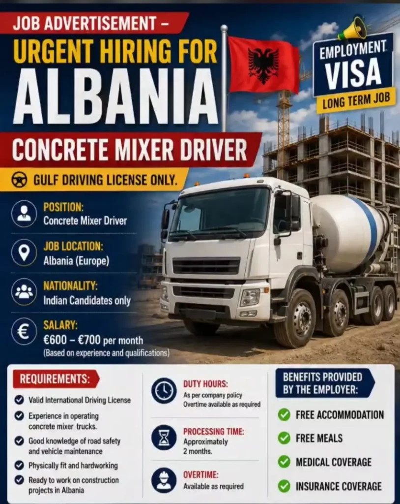 Urgent Hiring in Albania for Concrete Mixer Driver – €600–€700 Salary, Free Accommodation & Meals