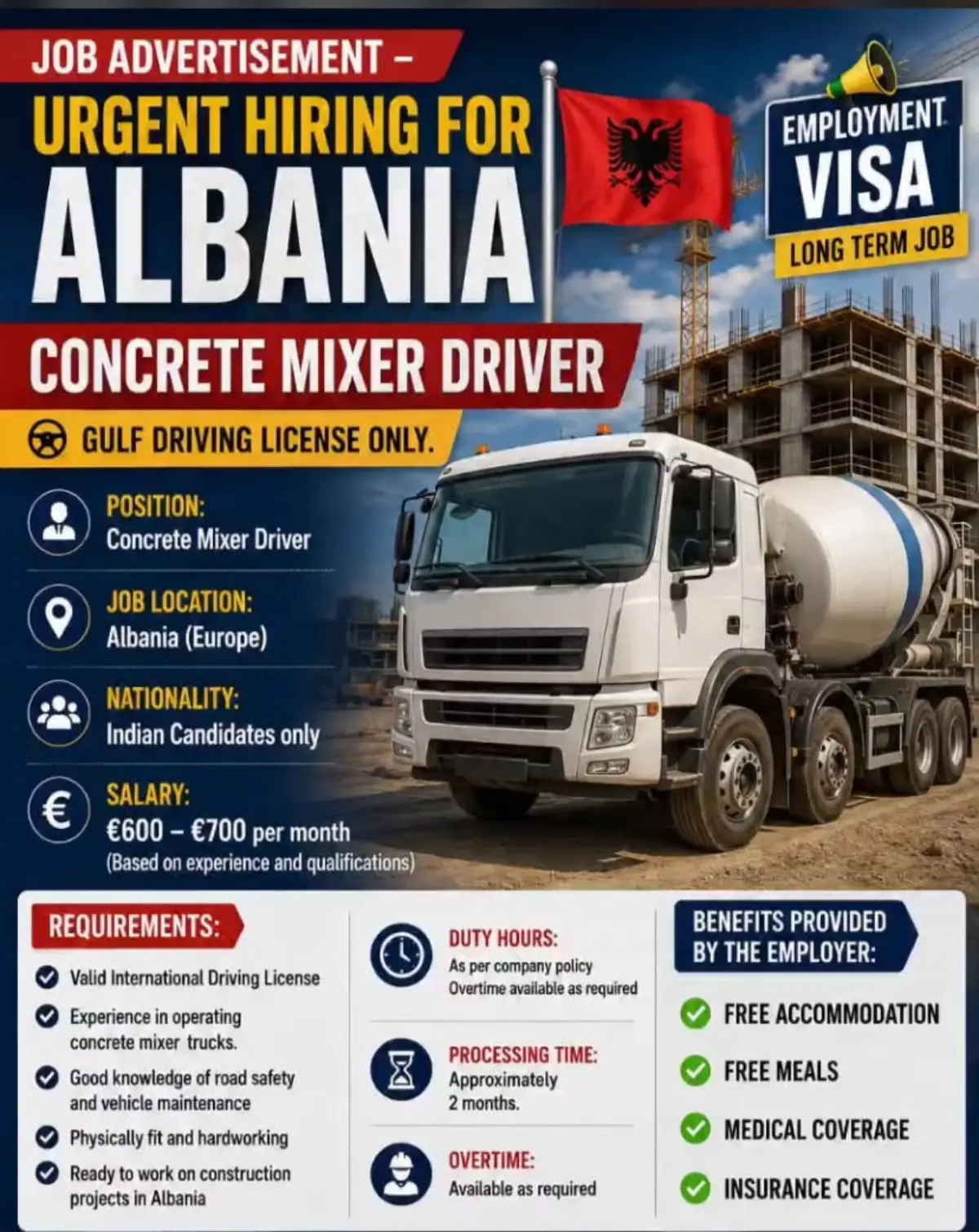 Urgent Hiring in Albania for Concrete Mixer Driver – €600–€700 Salary, Free Accommodation & Meals