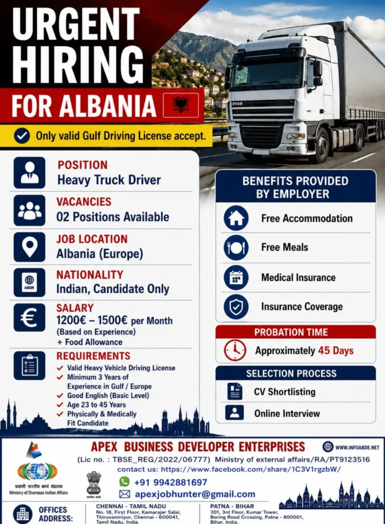 Urgent Heavy Truck Driver Jobs in Albania for Indians – Salary €1,200 to €1,500