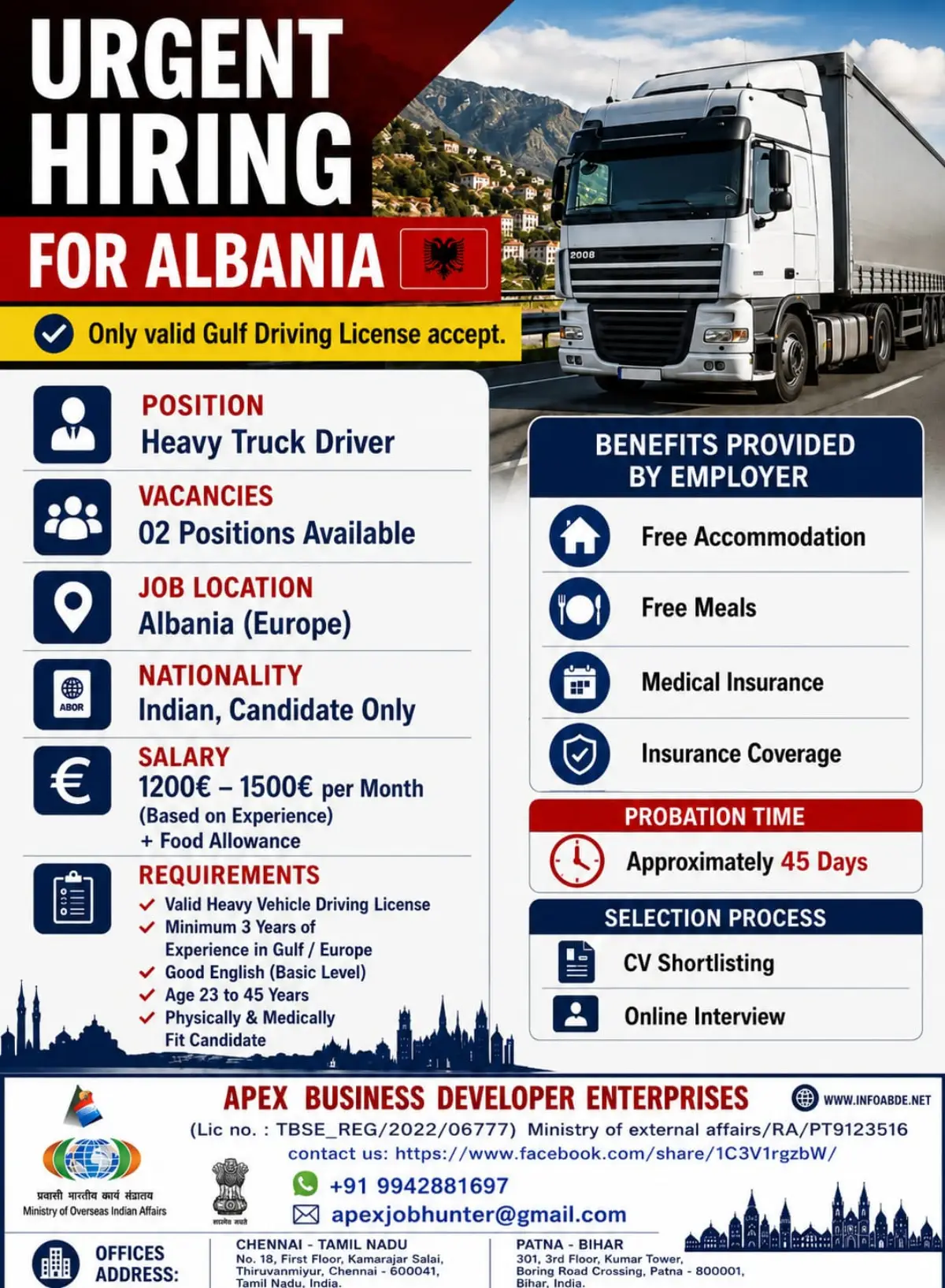Urgent Heavy Truck Driver Jobs in Albania for Indians – Salary €1,200 to €1,500