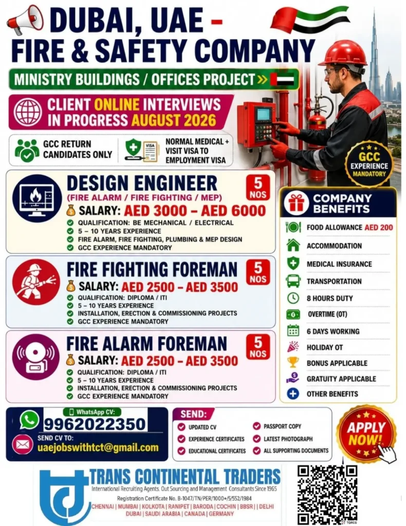Dubai UAE Fire & Safety Company Jobs August 2026 – Design Engineer, Fire Fighting Foreman & Fire Alarm Foreman