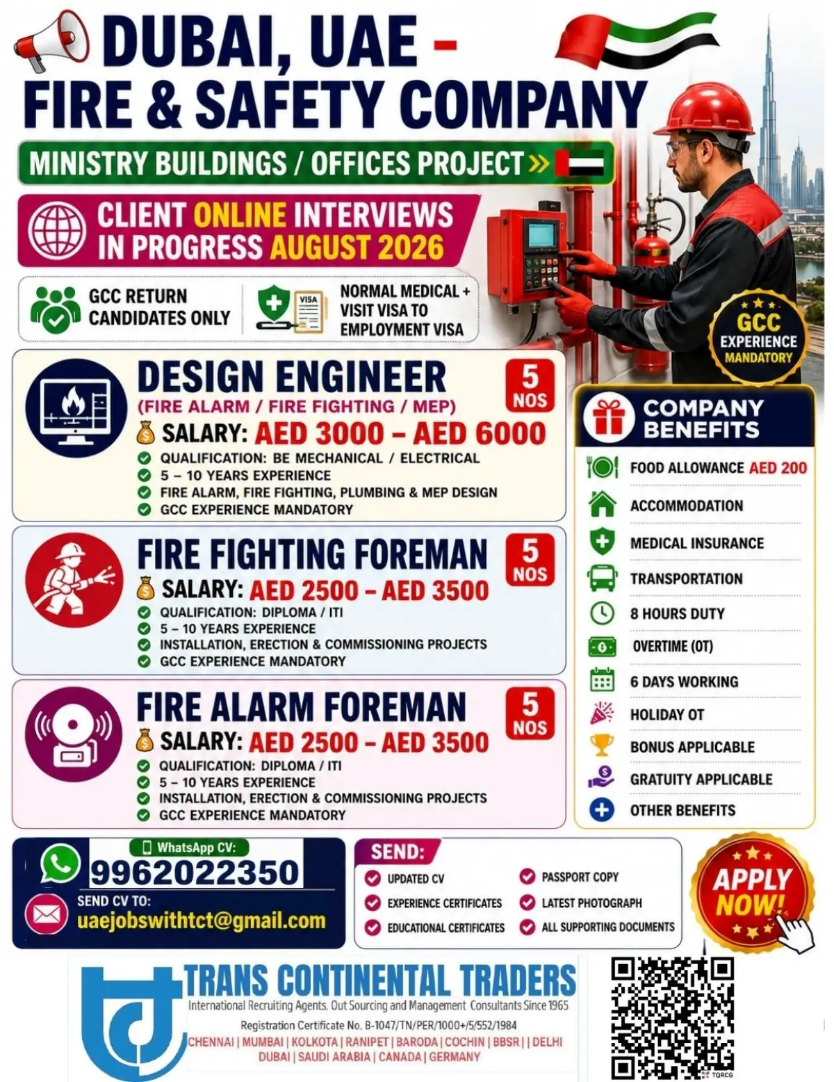 Dubai UAE Fire & Safety Company Jobs August 2026 – Design Engineer, Fire Fighting Foreman & Fire Alarm Foreman