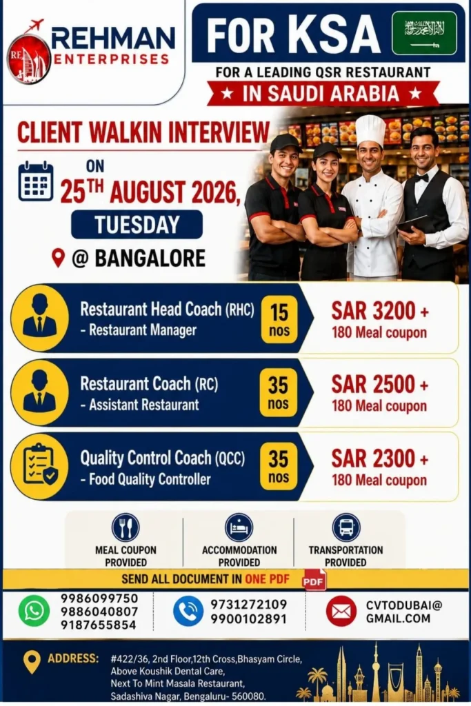 Saudi Arabia Restaurant Jobs 2026: 85 Vacancies with Salary Up to SAR 3200