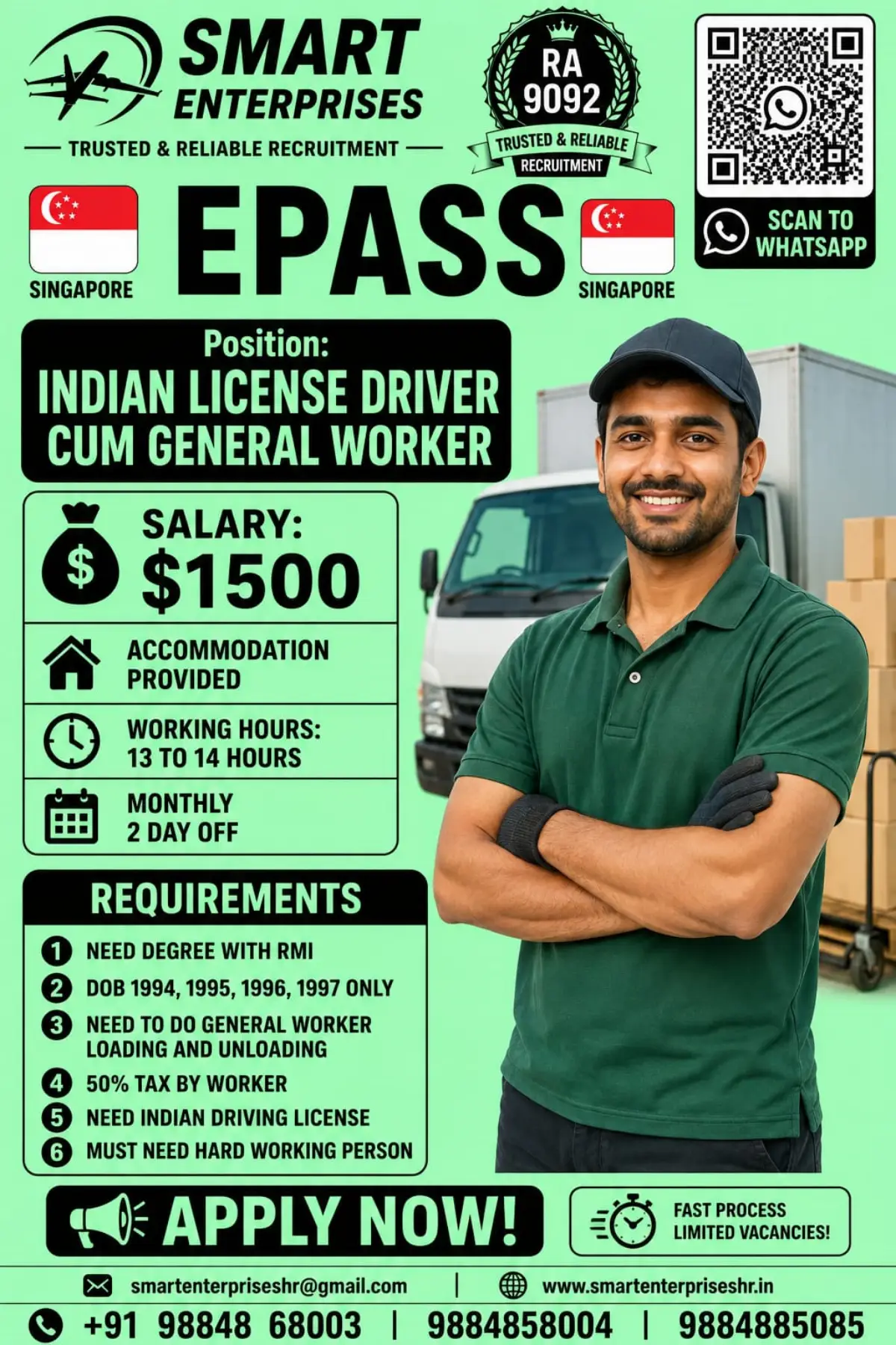 Singapore EPASS Job Vacancy 2026: Indian Licence Driver Cum General Worker – Salary S$1,500