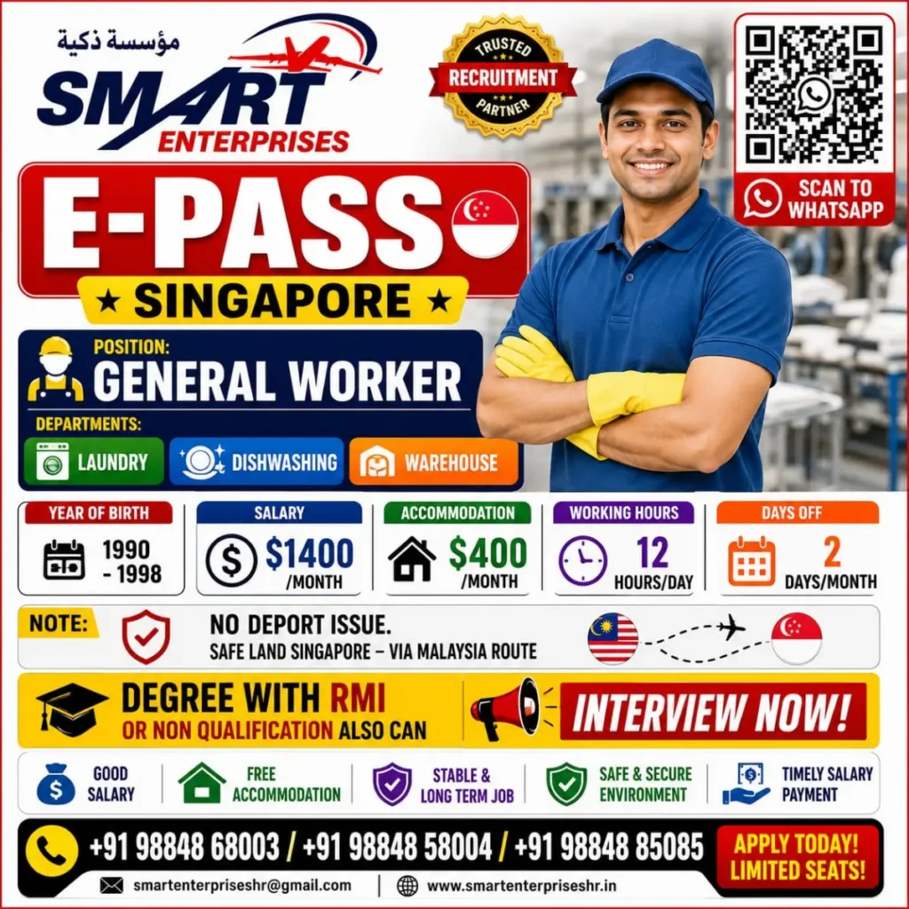 Singapore E-Pass General Worker Jobs 2026 – Salary Up to $1,400 Per Month