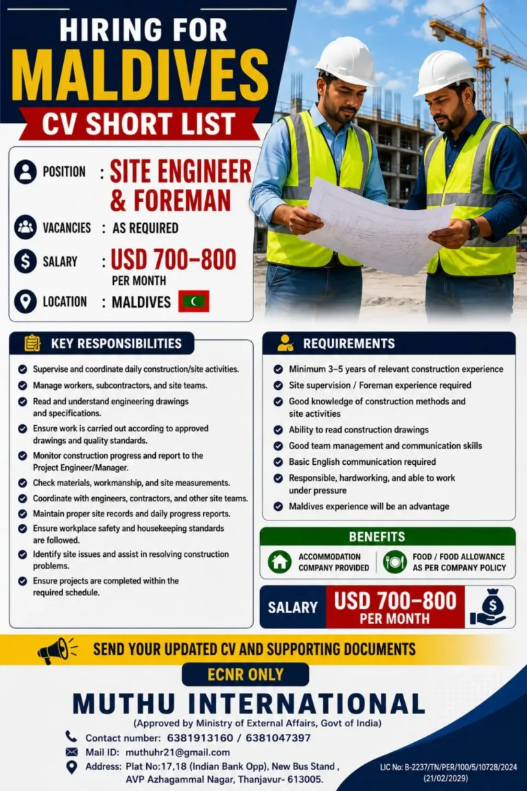 Maldives Hiring for Site Engineer and Foreman – Salary Up to USD 800 Per Month