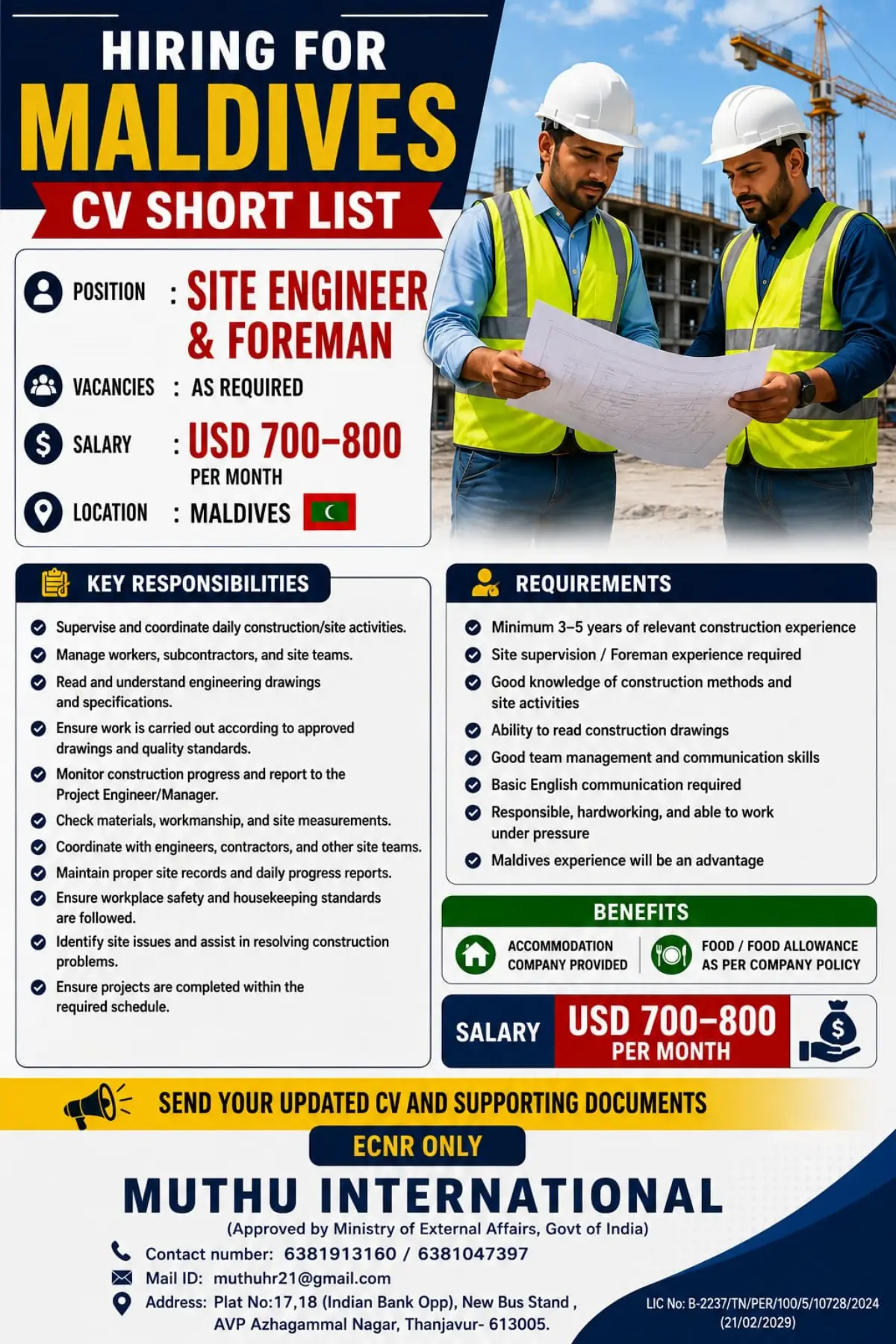 Maldives Hiring for Site Engineer and Foreman – Salary Up to USD 800 Per Month