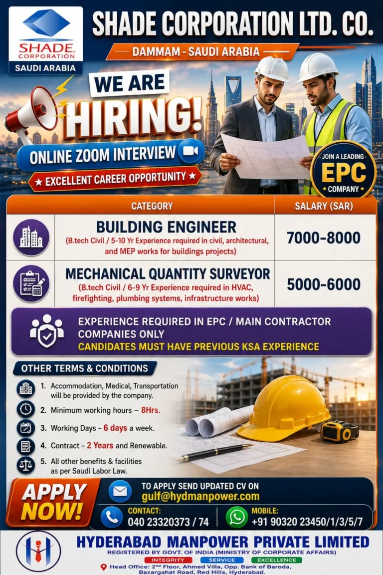 Shade Corporation Ltd. Hiring in Saudi Arabia – Salary Up to SAR 8,000