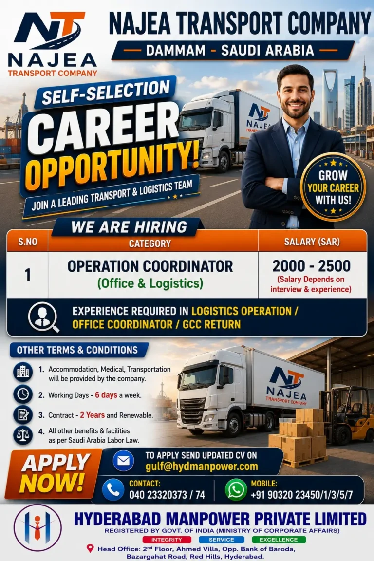 Saudi Arabia Jobs: Najea Transport Company Hiring Operation Coordinator in Dammam