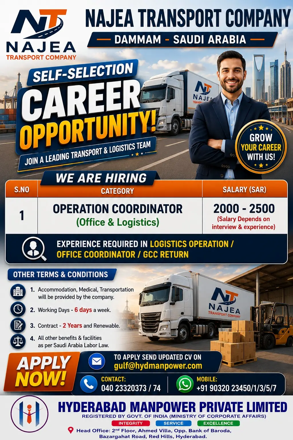 Saudi Arabia Jobs: Najea Transport Company Hiring Operation Coordinator in Dammam