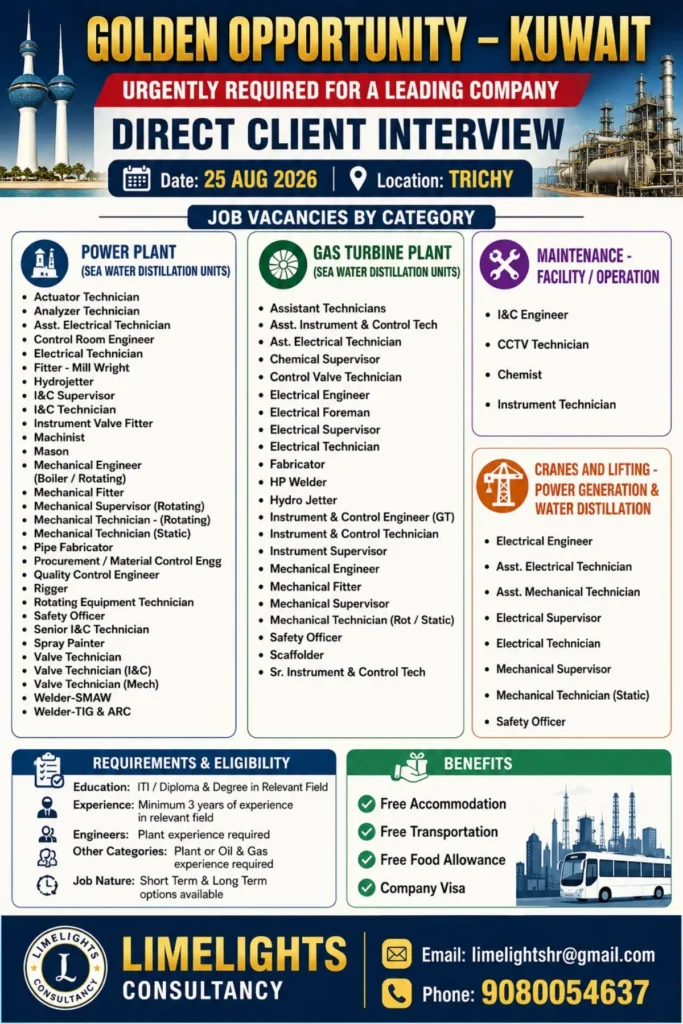 Kuwait Job Vacancies 2026: Direct Client Interview in Trichy on August 25