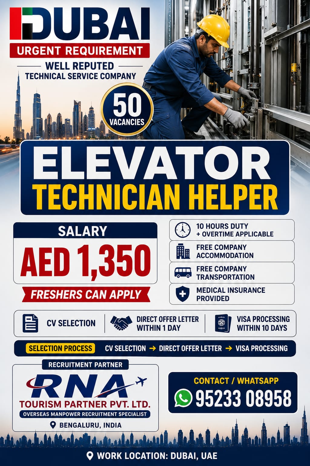 Dubai Elevator Technician and Helper Jobs 2026 – 50 Vacancies