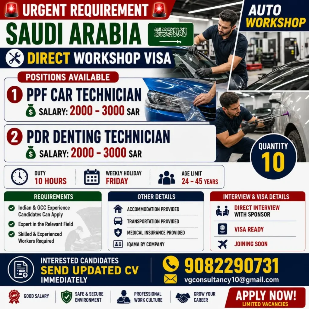 Saudi Arabia Auto Workshop Jobs 2026 – PPF Car Technician and PDR Denting Technician Vacancies 1 Saudi Arabia Auto Workshop Jobs 2026 – PPF Car Technician and PDR Denting Technician Vacancies