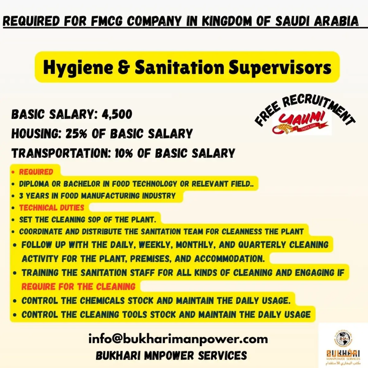 Hygiene & Sanitation Supervisor Jobs in Saudi Arabia – FMCG Company Recruitment 2026