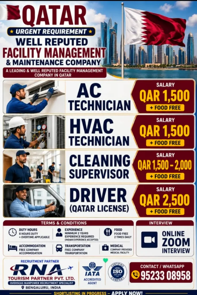 Qatar Facility Management Jobs 2026 – AC Technician, HVAC Technician, Cleaning Supervisor and Driver Vacancies