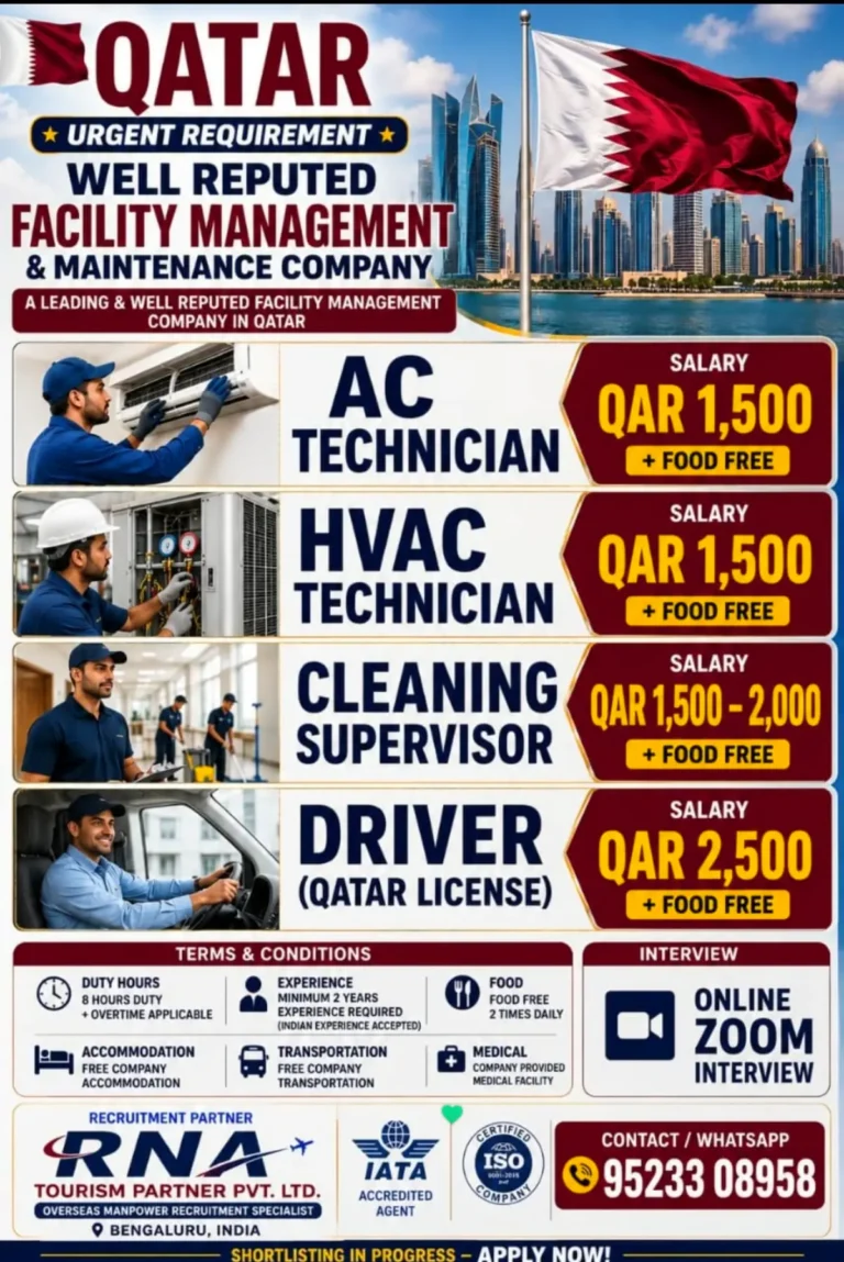 Qatar Facility Management Jobs 2026 – AC Technician, HVAC Technician, Cleaning Supervisor and Driver Vacancies