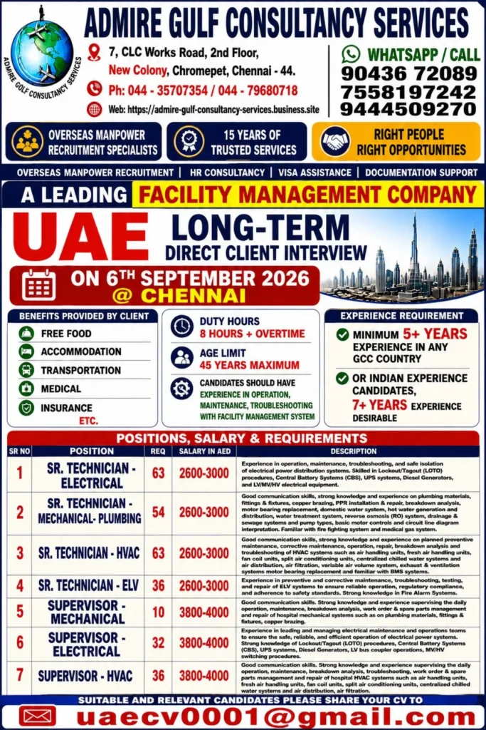 UAE Facility Management Jobs 2026 – Direct Client Interview in Chennai on 6 September