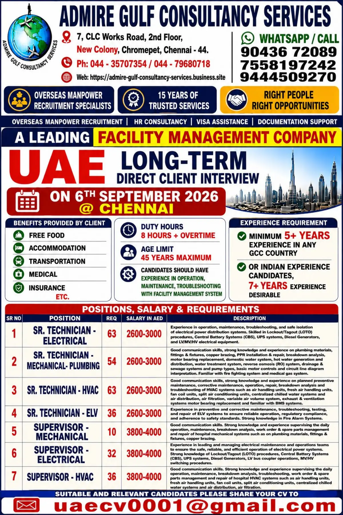 UAE Facility Management Jobs 2026 โ Direct Client Interview in Chennai on 6 September