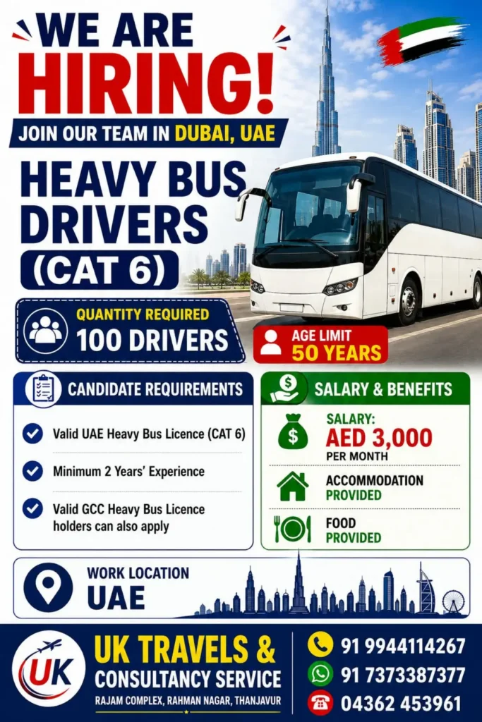 Dubai UAE Heavy Bus Driver Jobs 2026 – 100 Vacancies for Cat 6 Drivers with AED 3,000 Salary 1 Dubai UAE Heavy Bus Driver Jobs 2026 – 100 Vacancies for Cat 6 Drivers with AED 3,000 Salary