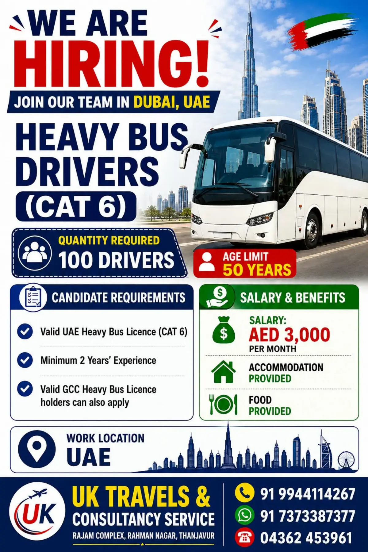 Dubai UAE Heavy Bus Driver Jobs 2026 – 100 Vacancies for Cat 6 Drivers with AED 3,000 Salary