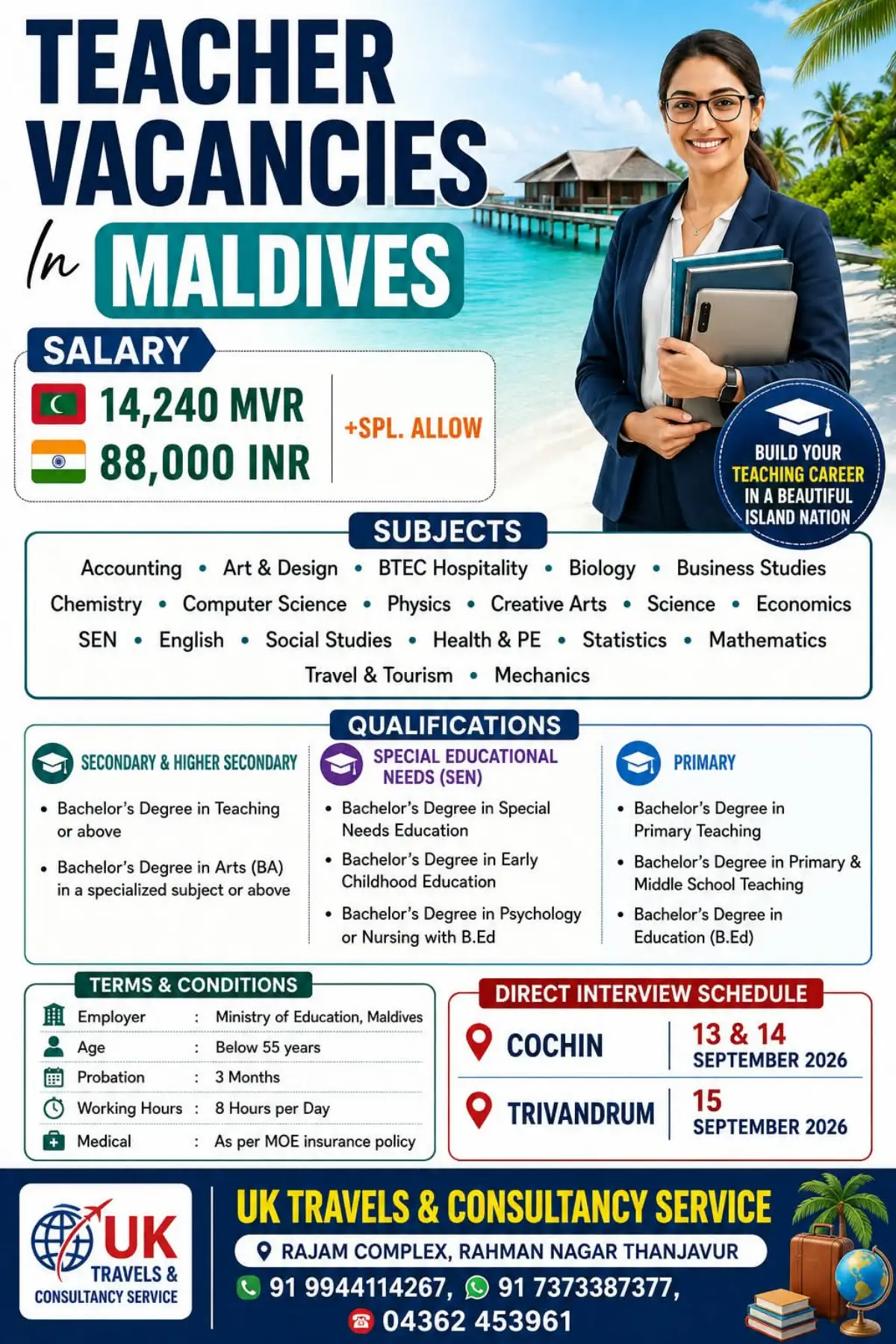 Maldives Teacher Vacancies 2026: Salary Up to 14,240 MVR, Qualifications and Direct Interview Dates