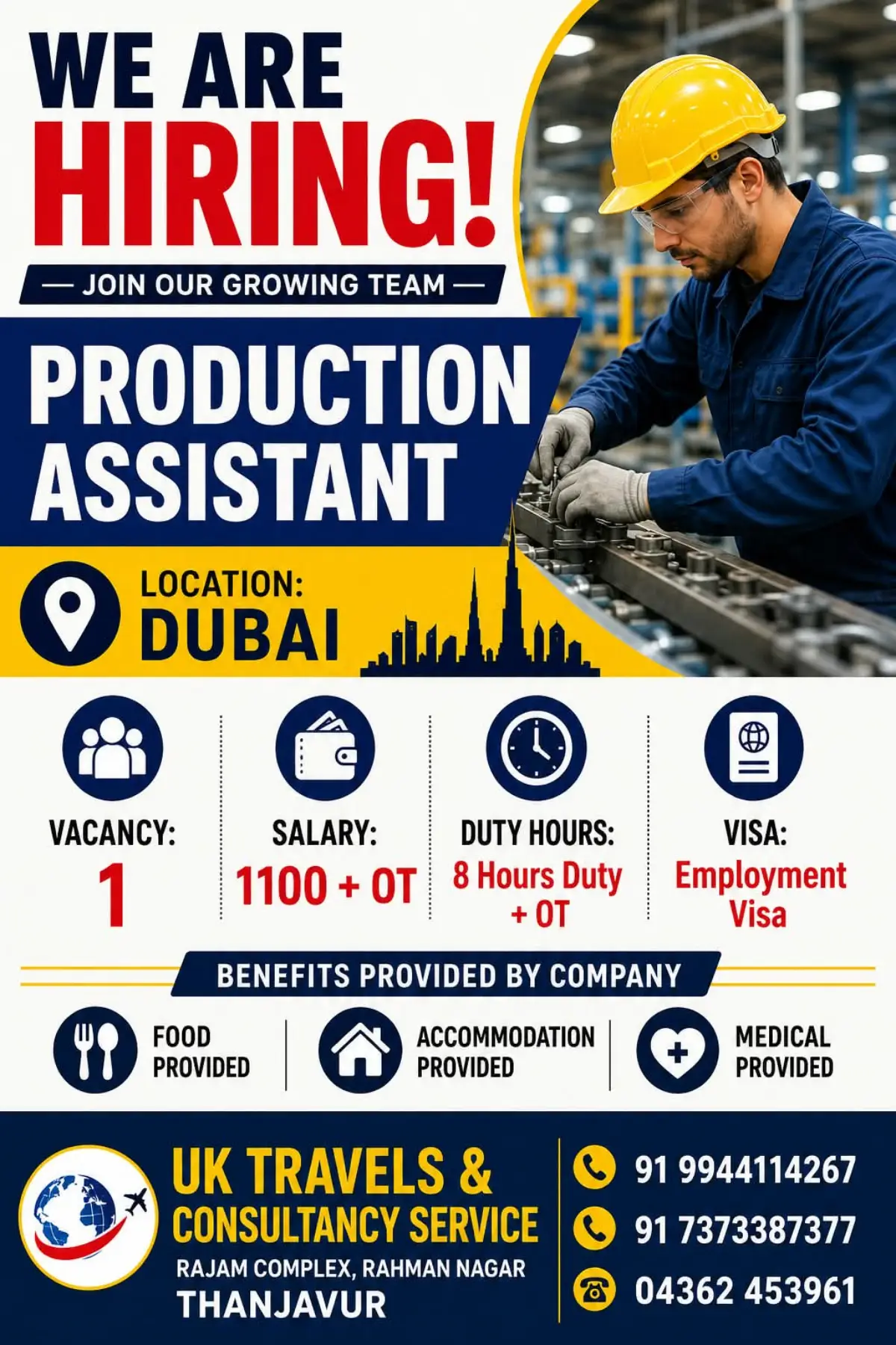 Dubai Production Assistant Jobs 2026: 1100 AED Salary + Overtime, Food & Accommodation