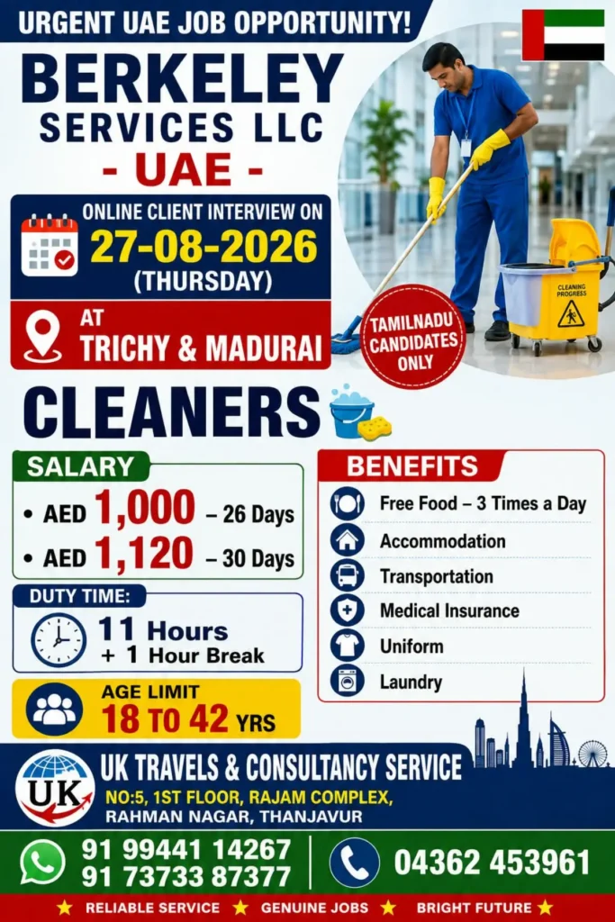 UAE Cleaner Jobs 2026: Berkeley Services Hiring Tamil Nadu Candidates