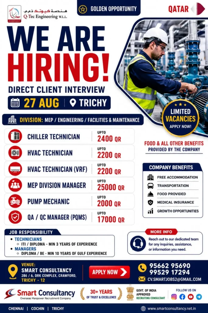 Qatar Q-Tec Engineering Jobs 2026: Direct Client Interview in Trichy on August 27