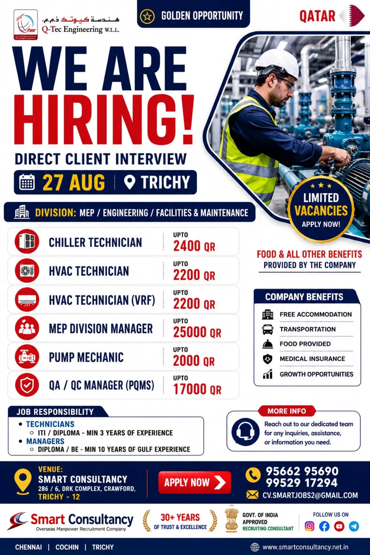 Qatar Q-Tec Engineering Jobs 2026: Direct Client Interview in Trichy on August 27