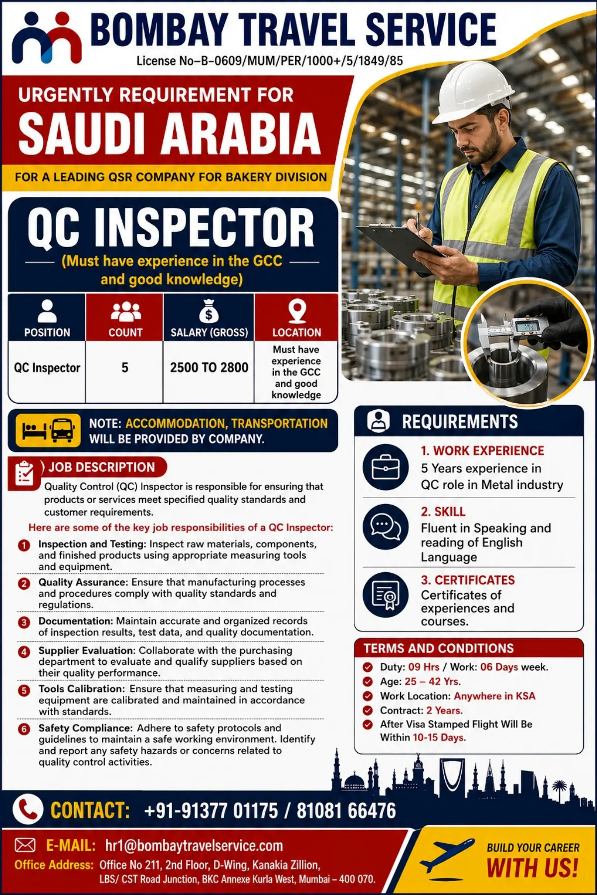Saudi Arabia QC Inspector Jobs 2026 – 5 Vacancies for Experienced Quality Control Professionals