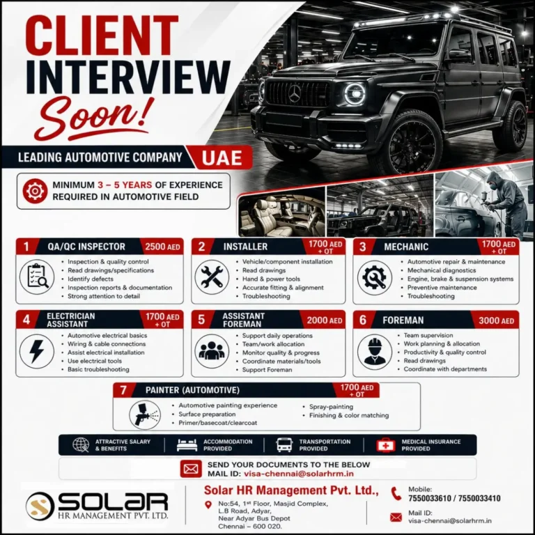 UAE Automotive Company Recruitment 2026: Latest Jobs for QA/QC Inspectors, Mechanics, Installers and Foremen
