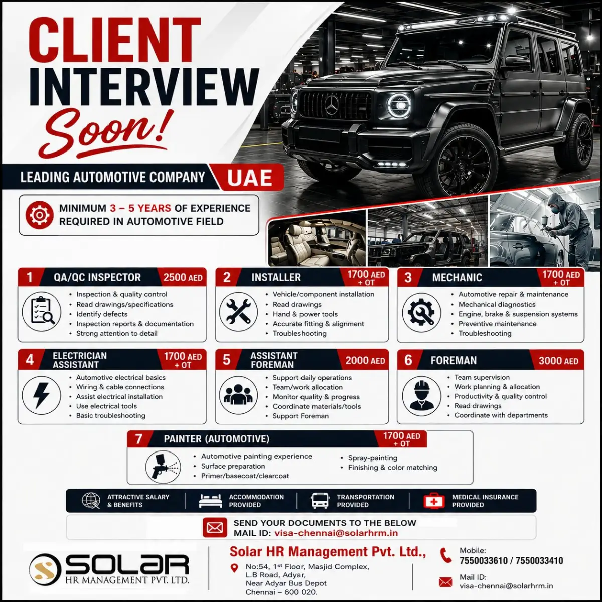 UAE Automotive Company Recruitment 2026: Latest Jobs for QA/QC Inspectors, Mechanics, Installers and Foremen