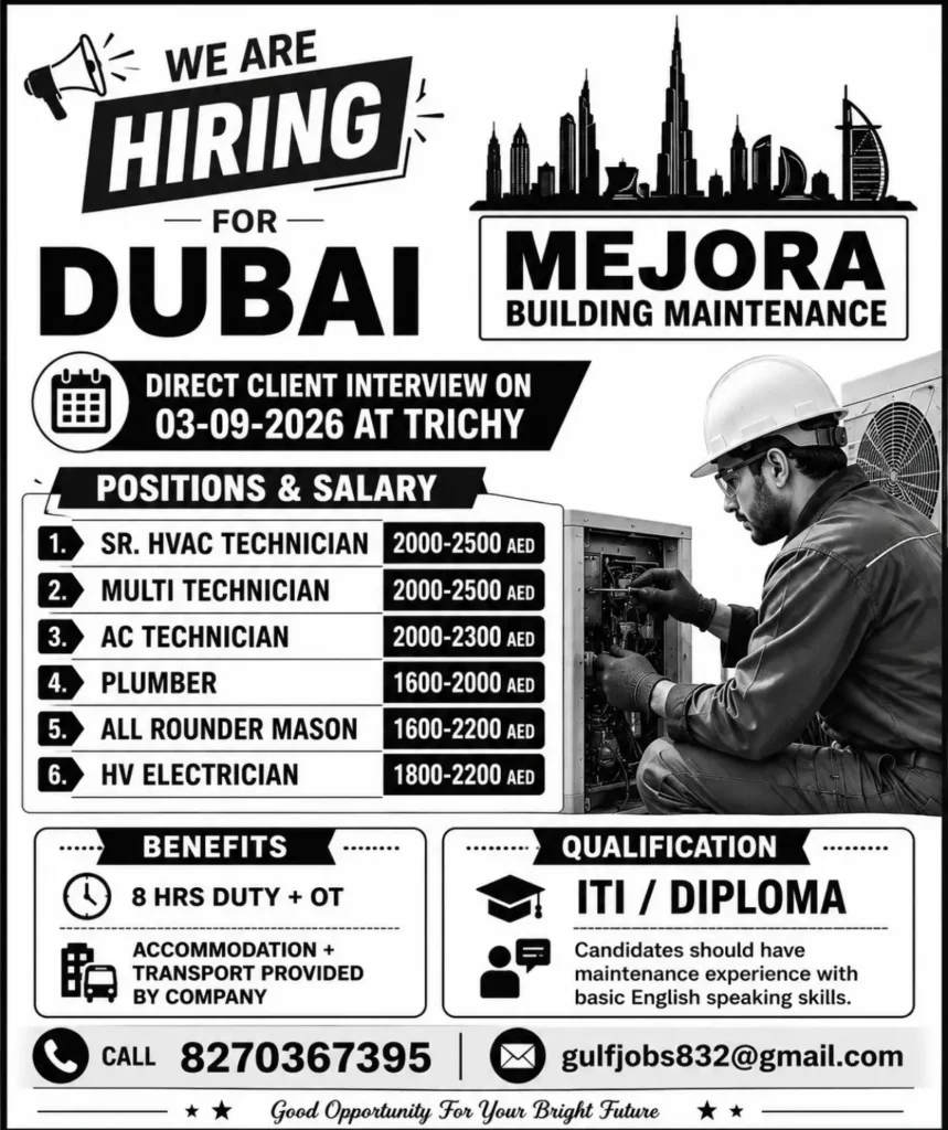 Dubai Jobs 2026: Mejora Building Maintenance Hiring for Multiple Positions – Direct Client Interview in Trichy