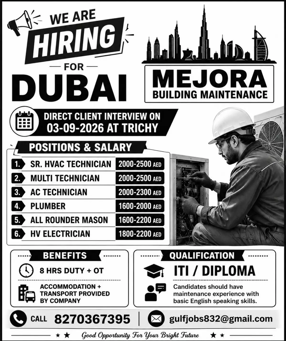 Dubai Jobs 2026: Mejora Building Maintenance Hiring for Multiple Positions – Direct Client Interview in Trichy
