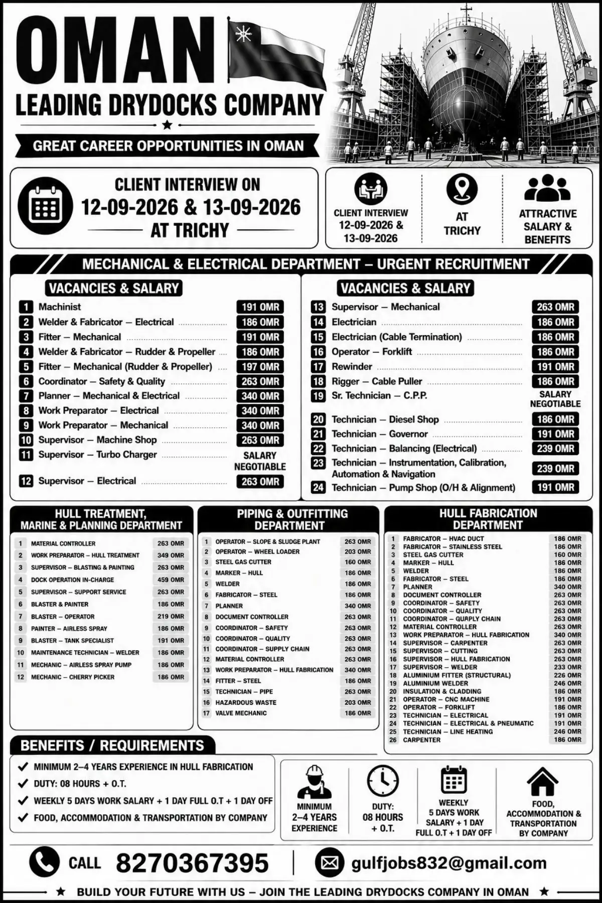 Oman Leading Drydocks Company Jobs 2026 – Urgent Recruitment for Mechanical, Electrical, Hull Fabrication and Marine Jobs