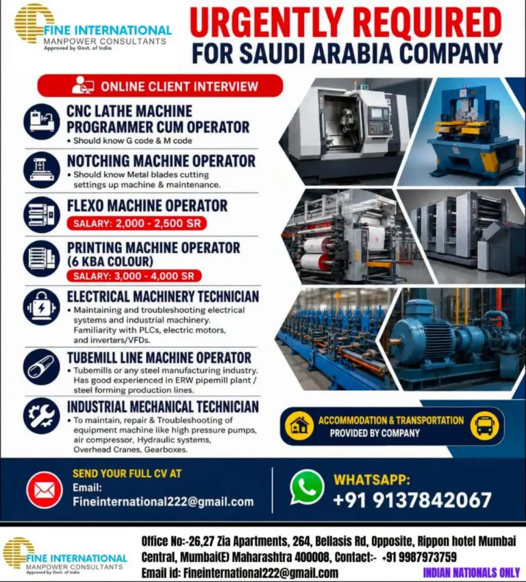 Saudi Arabia Jobs 2026: Urgent Vacancies for Machine Operators and Technicians