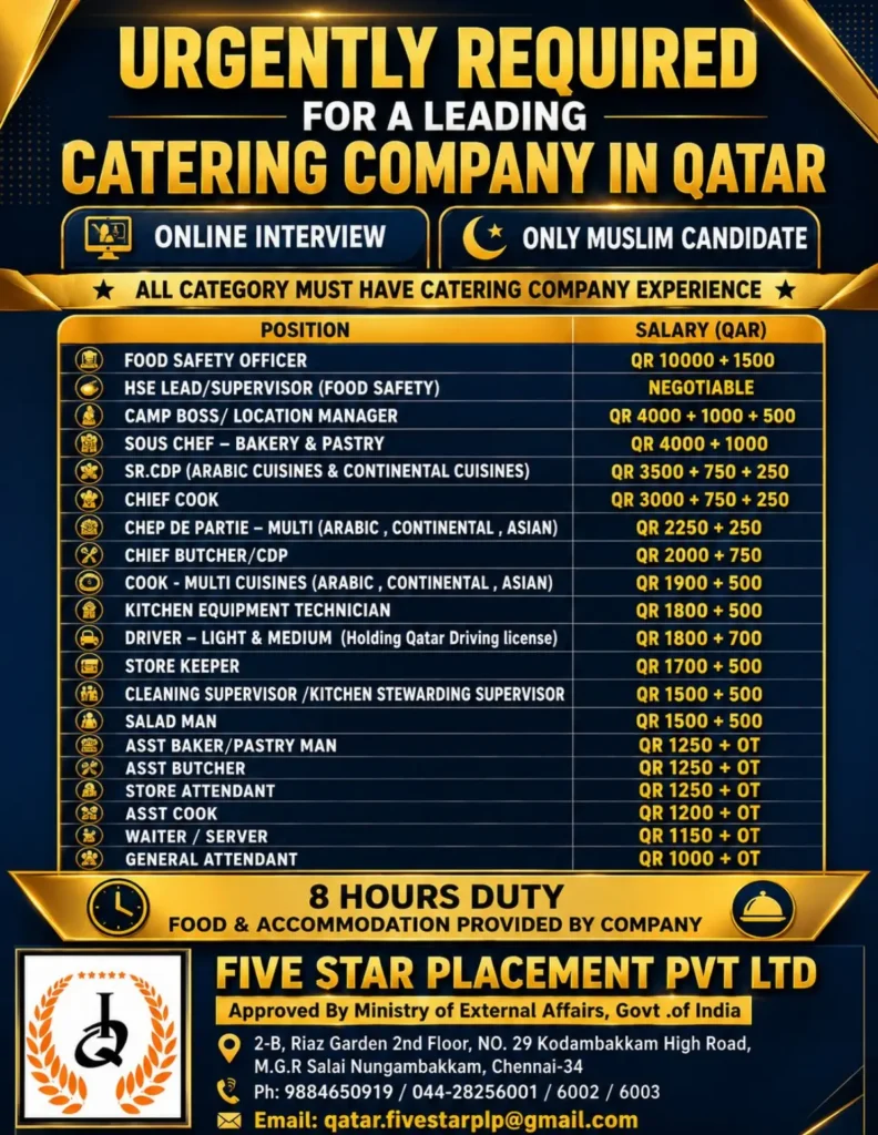 Qatar Catering Company Jobs 2026 – Urgent Vacancies with Attractive Salaries