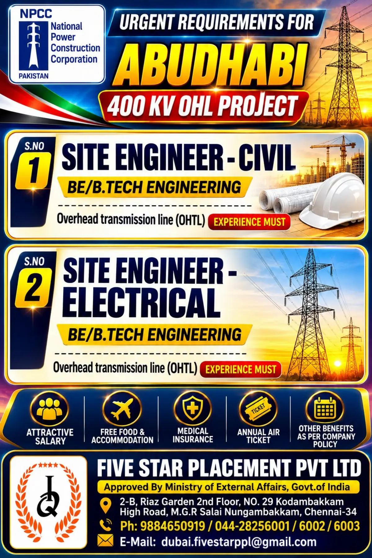 Abu Dhabi 400 KV OHL Project Jobs 2026: Site Engineer Civil & Electrical Vacancies