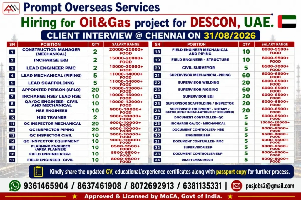 Oil & Gas Jobs in UAE 2026: DESCON Project Recruitment, Vacancies, Salaries and Chennai Interview