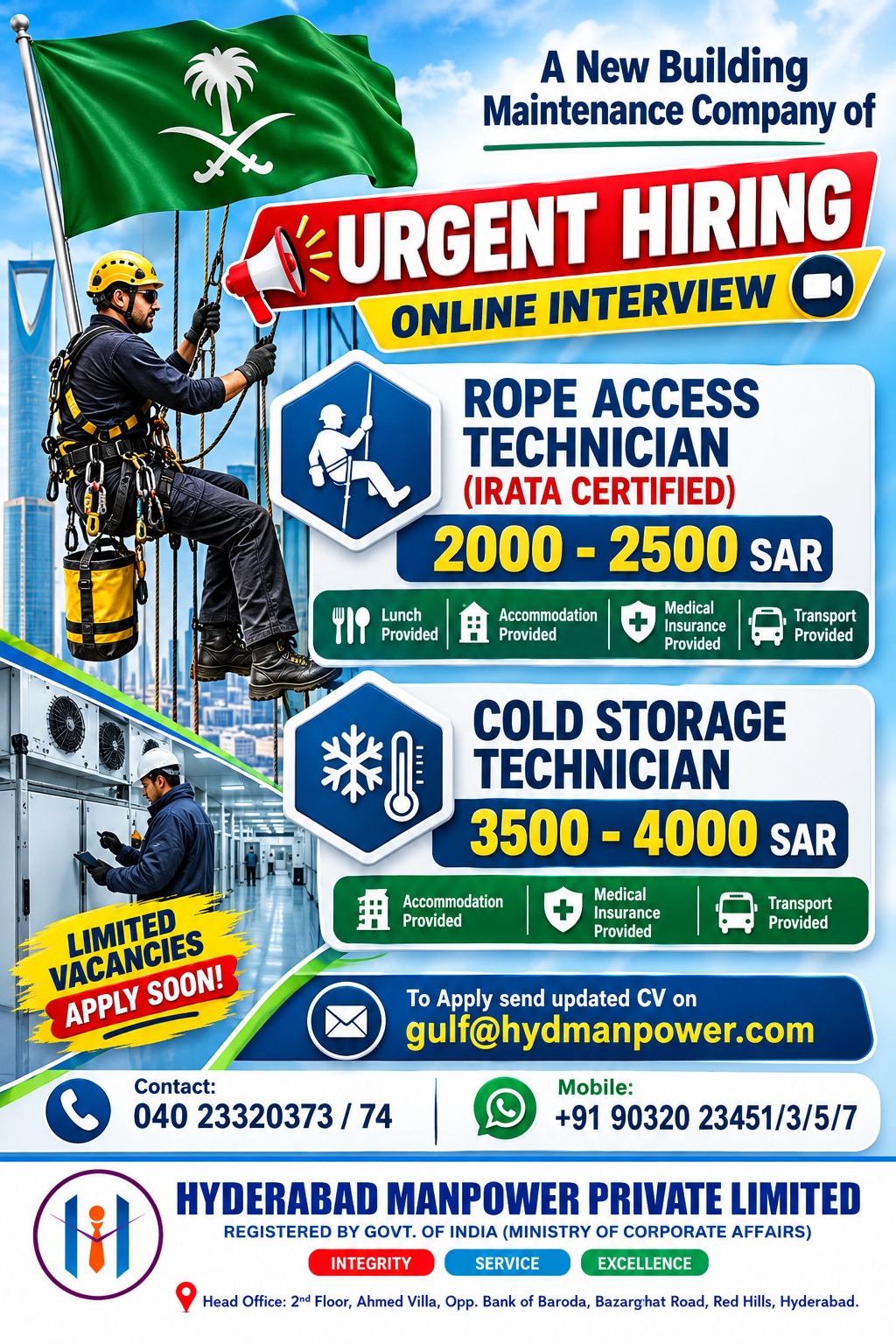 Urgent Hiring in Saudi Arabia: Rope Access Technician and Cold Storage Technician Jobs with Online Interview