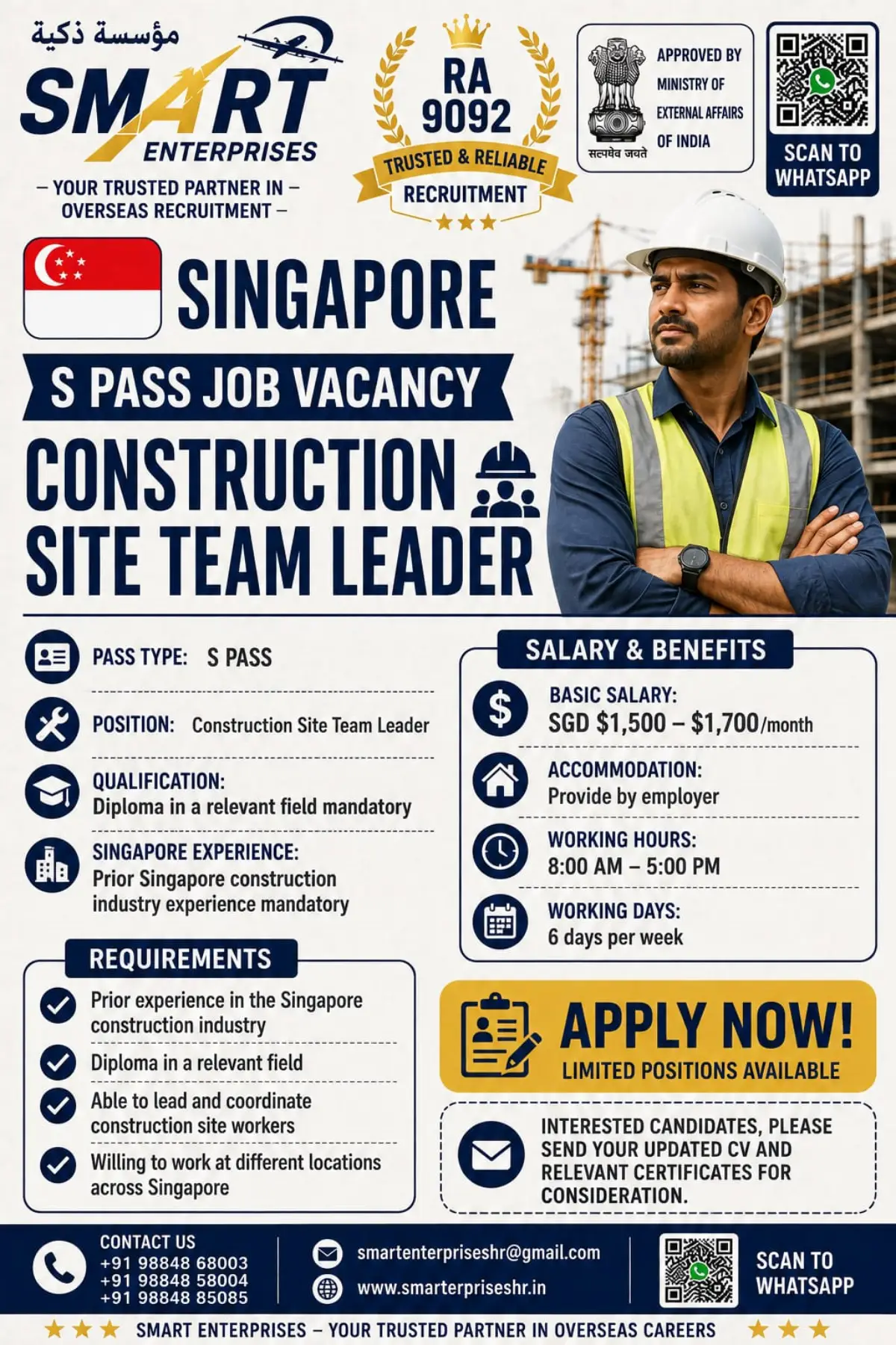Singapore S Pass Vacancy 2026: Construction Site Team Leader Jobs