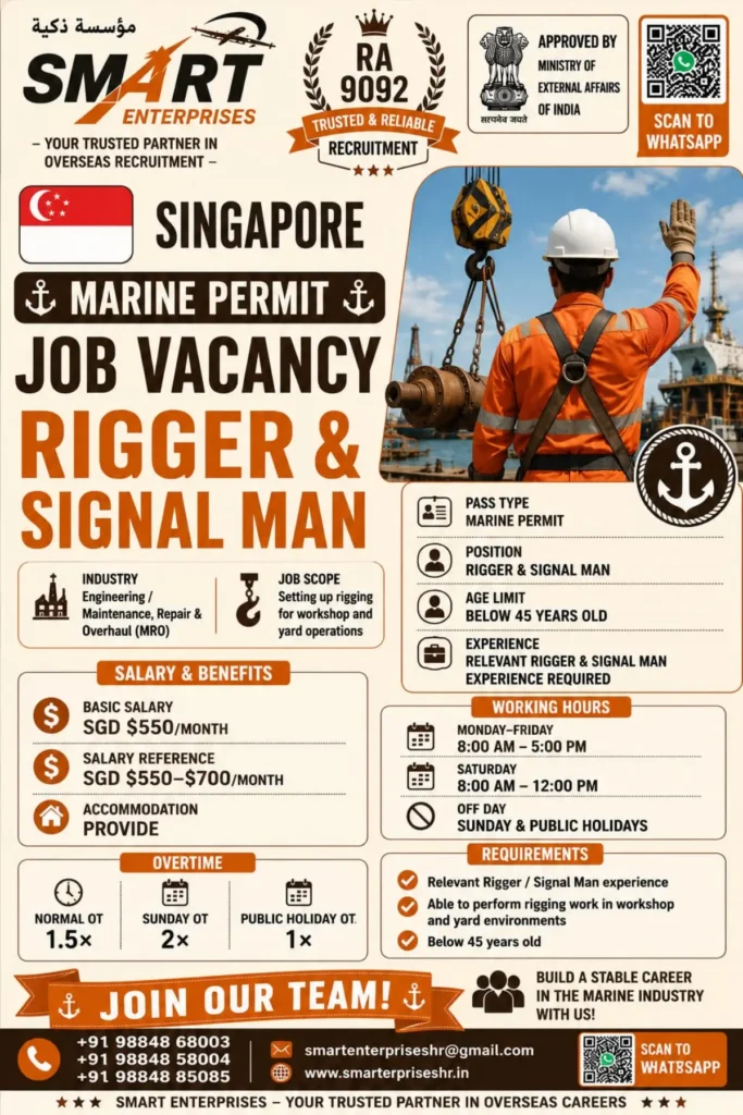 Singapore Marine Permit Jobs for Rigger & Signal Man – Salary, Requirements, Working Hours and Benefits 1 Singapore Marine Permit Jobs for Rigger & Signal Man – Salary, Requirements, Working Hours and Benefits