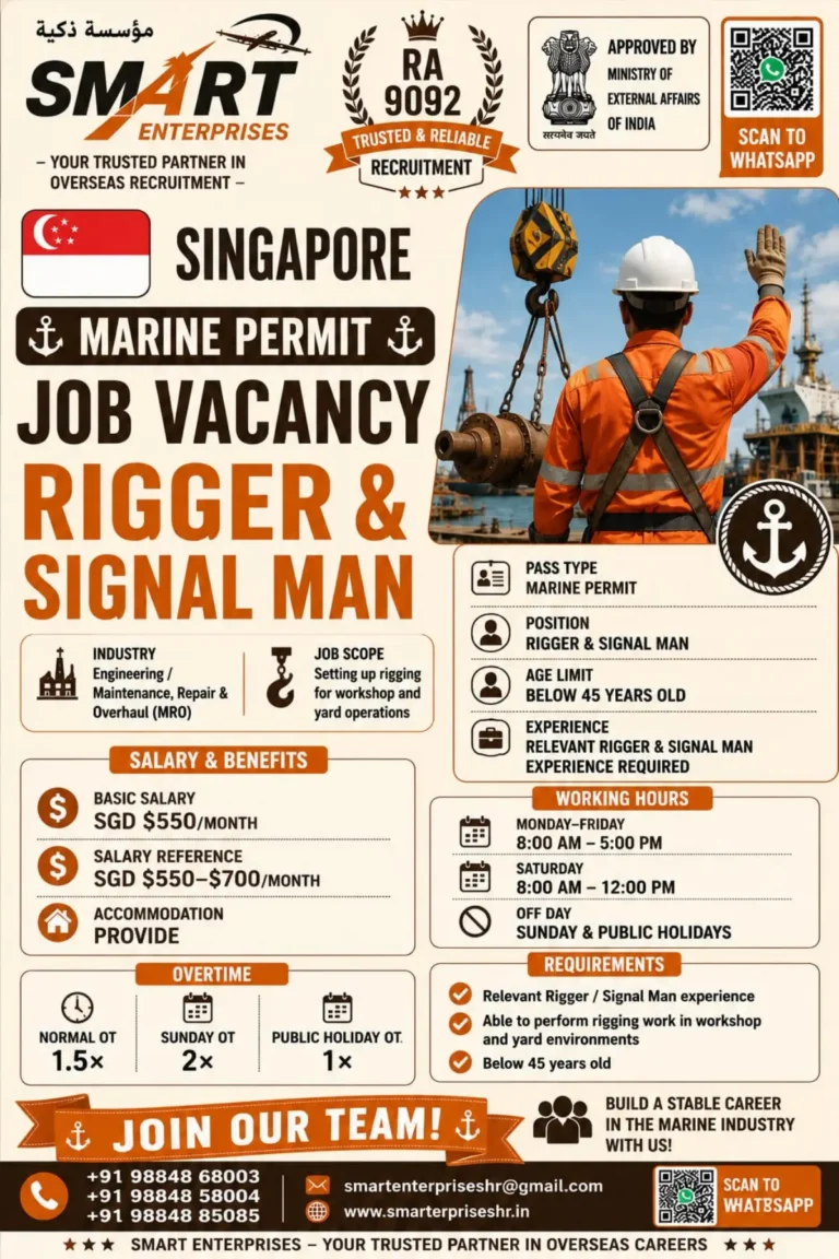 Singapore Marine Permit Jobs for Rigger & Signal Man – Salary, Requirements, Working Hours and Benefits